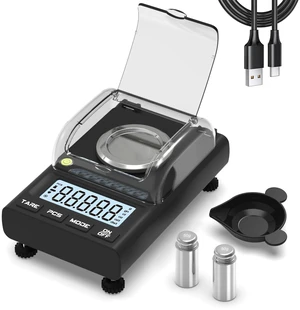 Milligram Scale 100g x 0.001g, with Two 50g Calibration Weights | Powder Scale, 6 Units, Tare, Bubble Level, Auto-Off, Tray, Tweezers, Spoon for Powders, Jewelry, Gems, Tablets and Coins Milligram Scale 100g x 0.001g, with Two 50g Calibration Weights | Powder Scale, 6 Units, Tare, Bubble Level, Auto-Off, Tray, Tweezers, Spoon for Powders, Jewelry, Gems, Tablets and Coins