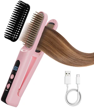 Cordless Hair Straightener Brush 2in1,Rechargeable Portable Hair Straightener & Curler Tool with 4 Temperature Settings, Removable Brush Head for Easy Cleaning, Anti-Scald Fast Heating,Travel (Pink) Cordless Hair Straightener Brush 2in1,Rechargeable Portable Hair Straightener & Curler Tool with 4 Temperature Settings, Removable Brush Head for Easy Cleaning, Anti-Scald Fast Heating,Travel (Pink)