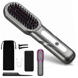 Cordless Hair Straightener Brush, Portable TravelReady Styling Tool | 4temperature settings, retractable bristles, portable design, complete kit with storage pouch, clip & comb Cordless Hair Straightener Brush, Portable TravelReady Styling Tool | 4temperature settings, retractable bristles, portable design, complete kit with storage pouch, clip & comb