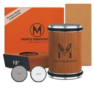 Rolling Knife Sharpener Kit Sapele Wood Magnetic System, Kitchen Knife | 400/800/1000 diamond + 3000 ceramic discs, 15° & 20° angle guide, leather strop, fits all blade widths, portable Rolling Knife Sharpener Kit Sapele Wood Magnetic System, Kitchen Knife | 400/800/1000 diamond + 3000 ceramic discs, 15° & 20° angle guide, leather strop, fits all blade widths, portable