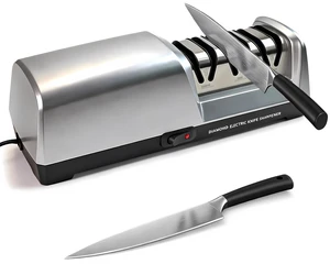 3-Stage Electric Knife Sharpener for Kitchen Knives, Silver | Kitchen knife sharpener with 3-stage diamond edge care, 15° guide, and non-slip base for chef, utility, and paring knives 3-Stage Electric Knife Sharpener for Kitchen Knives, Silver | Kitchen knife sharpener with 3-stage diamond edge care, 15° guide, and non-slip base for chef, utility, and paring knives
