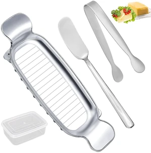 4pcs Butter Slicer Cutter Set with Storage Box, Stainless Steel Knife Spreader, Wire Cheese Slicer and Serving Tongs Kitchen Food Tool for Block Cheese and Butter 4pcs Butter Slicer Cutter Set with Storage Box, Stainless Steel Knife Spreader, Wire Cheese Slicer and Serving Tongs Kitchen Food Tool for Block Cheese and Butter