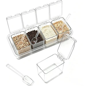 CasaVibe Clear Seasoning Box, Salt Containers with Lids and Spoons | 4-In-1 Storage Box for Kitchen, Storage Container Condiment Jars for Salt Sugar Pepper Cumin Paste Flour Tea Coffee CasaVibe Clear Seasoning Box, Salt Containers with Lids and Spoons | 4-In-1 Storage Box for Kitchen, Storage Container Condiment Jars for Salt Sugar Pepper Cumin Paste Flour Tea Coffee