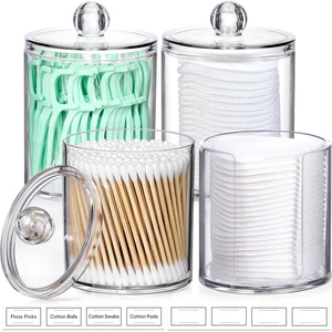 4 Pcs Acrylic Qtip Holder Dispenser for Cotton Swabs, Balls, Floss Picks | Thick, Highly Clear, w/ Labels - Small Canister Apothecary Jar Set, Bathroom Decor Essentials, Shelf Vanity Storage Organizer 4 Pcs Acrylic Qtip Holder Dispenser for Cotton Swabs, Balls, Floss Picks | Thick, Highly Clear, w/ Labels - Small Canister Apothecary Jar Set, Bathroom Decor Essentials, Shelf Vanity Storage Organizer