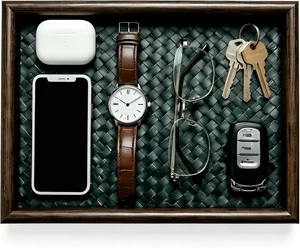 Wooden Valet Tray with Leather Base - EDC Catchall Tray for Men Nightstand, Entryway, Desk United Organizer for Cologne, Phone, Keys, Sunglasses, Jewelry, Cosmetics& Dresser Wooden Valet Tray with Leather Base - EDC Catchall Tray for Men Nightstand, Entryway, Desk United Organizer for Cologne, Phone, Keys, Sunglasses, Jewelry, Cosmetics& Dresser