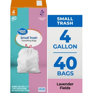 Great Value 4Gal White Lavender Fields Drawstring Trash Bags 40Bags Great Value 4Gal White Lavender Fields Drawstring Trash Bags 40Bags