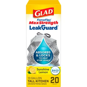 Glad ForceFlex MaxStrength LeakGuard 13-Gallon Tall Kitchen Trash Bags, Sunshine Lemon Scent, 20 Bags Glad ForceFlex MaxStrength LeakGuard 13-Gallon Tall Kitchen Trash Bags, Sunshine Lemon Scent, 20 Bags