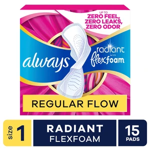 Always Radiant with FlexFoam Pads, Size 1, Regular, Wings, 15 Count Always Radiant with FlexFoam Pads, Size 1, Regular, Wings, 15 Count