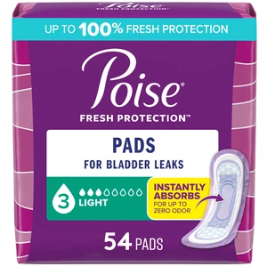 Poise Incontinence & Postpartum Pads for Bladder Leaks, 3 Drop Light Absorbency, Regular Length, 54 Count, Packaging May Vary Poise Incontinence & Postpartum Pads for Bladder Leaks, 3 Drop Light Absorbency, Regular Length, 54 Count, Packaging May Vary