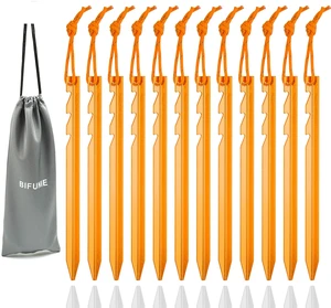 Aluminum Alloy Tent Stakes 12-Pack with Reflective Pull Ropes for Camping Tents Hammocks Aluminum Alloy Tent Stakes 12-Pack with Reflective Pull Ropes for Camping Tents Hammocks