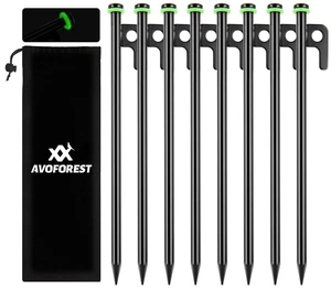8Inch Heavy Duty Tent Stakes, 8Pcs Tent Pegs with Metal and Fluorescent Silicone Rings and Storage Bag for Camping 8Inch Heavy Duty Tent Stakes, 8Pcs Tent Pegs with Metal and Fluorescent Silicone Rings and Storage Bag for Camping