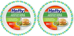 Hefty Compostable Paper Plates, 8.6-Inch, 30 Count (Pack of 2), Patterned, Soak-Resistant, Microwave Safe, Plant-Based Materials, for BBQs, Parties, Holidays & Daily Use Hefty Compostable Paper Plates, 8.6-Inch, 30 Count (Pack of 2), Patterned, Soak-Resistant, Microwave Safe, Plant-Based Materials, for BBQs, Parties, Holidays & Daily Use