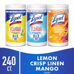 Lysol Disinfecting Wipes Multi Surface Antibacterial Cleaning Wipes, Lemon, Crisp Linen, Mango & Hibiscus Scent, 80 Count (Pack of 3) Lysol Disinfecting Wipes Multi Surface Antibacterial Cleaning Wipes, Lemon, Crisp Linen, Mango & Hibiscus Scent, 80 Count (Pack of 3)