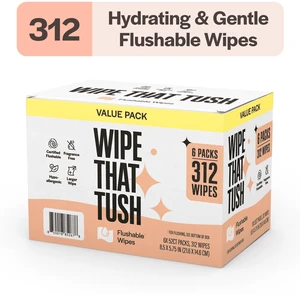 Wipe That Tush Flushable Wipes Value Pack, Aloe & Vitamin E Infused, Fragrance-Free, 6 Packs of 52 Wipes, 312 Total Wipe That Tush Flushable Wipes Value Pack, Aloe & Vitamin E Infused, Fragrance-Free, 6 Packs of 52 Wipes, 312 Total