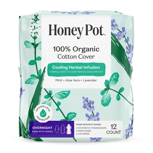 Honey Pot Cooling Herbal Infusion Overnight Pads, 100% Organic Cotton Cover, 12 Count Honey Pot Cooling Herbal Infusion Overnight Pads, 100% Organic Cotton Cover, 12 Count