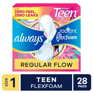 Always Radiant Teen Pads Size 1 Regular with Wings Unscented 28Count Always Radiant Teen Pads Size 1 Regular with Wings Unscented 28Count