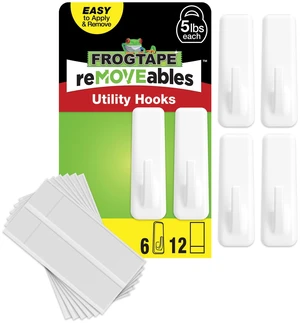 FrogTape reMOVEables Large White Utility Hooks, 6 Hooks and 12 Adhesive Strips FrogTape reMOVEables Large White Utility Hooks, 6 Hooks and 12 Adhesive Strips