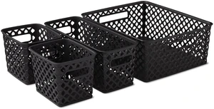 Mainstays 4-Piece Black Decorative Plastic Storage Basket Set, 14in x 11.6in x 5.3in Mainstays 4-Piece Black Decorative Plastic Storage Basket Set, 14in x 11.6in x 5.3in