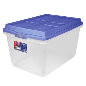 Hefty HI-RISE 72 Quart Clear Plastic Storage Bin with Latching Lid, Blue Hefty HI-RISE 72 Quart Clear Plastic Storage Bin with Latching Lid, Blue
