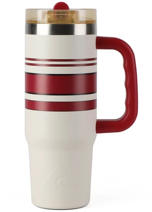Ozark Trail 30 oz Stainless Steel Insulated Tumbler with Handle, White with Red and Black Varsity Stripes Ozark Trail 30 oz Stainless Steel Insulated Tumbler with Handle, White with Red and Black Varsity Stripes