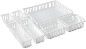 Mainstays 7-Piece Plastic Drawer Organizer Bin Set, White, for Kitchen, Desk, Bathroom and Vanity Drawers Mainstays 7-Piece Plastic Drawer Organizer Bin Set, White, for Kitchen, Desk, Bathroom and Vanity Drawers
