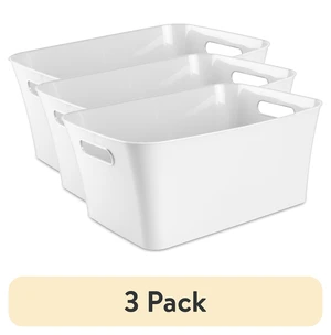 Mainstays Large Open Plastic Storage Bin with Handles, 3 Pack, White Mainstays Large Open Plastic Storage Bin with Handles, 3 Pack, White