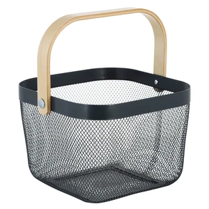 Simplify Mesh Decorative Storage Basket with Bamboo Handle, Grey Simplify Mesh Decorative Storage Basket with Bamboo Handle, Grey