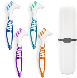 4 Pcs Denture Brush Set for False Teeth with White Carrying Case, Double-Sided Design, Multi-Layered Soft Bristles, Rubber Anti-Slip Handle, 4 Colors 4 Pcs Denture Brush Set for False Teeth with White Carrying Case, Double-Sided Design, Multi-Layered Soft Bristles, Rubber Anti-Slip Handle, 4 Colors