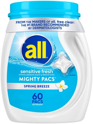 All Sensitive Fresh Mighty Pacs Laundry Detergent, Hypoallergenic Spring Breeze Scent, Gentle for Sensitive Skin, 60 Count, HE Compatible All Sensitive Fresh Mighty Pacs Laundry Detergent, Hypoallergenic Spring Breeze Scent, Gentle for Sensitive Skin, 60 Count, HE Compatible