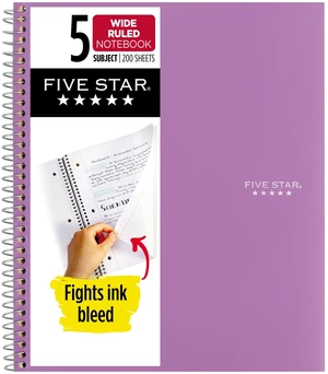 Five Star 5 Subject Spiral Notebook + Study App, Wide Ruled, 8" x 10.5", Amethyst Five Star 5 Subject Spiral Notebook + Study App, Wide Ruled, 8" x 10.5", Amethyst