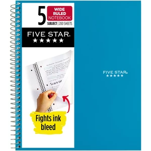 Five Star Spiral Notebook, 5 Subject, Wide Ruled, 8"x10.5", with Study App Five Star Spiral Notebook, 5 Subject, Wide Ruled, 8"x10.5", with Study App