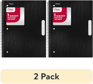 Mead 1 Subject Wide Ruled Notebook, 2 Pack, 8" x 10.5", Black, Poly, Spiral, 100 Sheets Mead 1 Subject Wide Ruled Notebook, 2 Pack, 8" x 10.5", Black, Poly, Spiral, 100 Sheets
