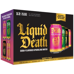 Liquid Death Variety Pack Sparkling Water, 12-Pack (12 fl oz Cans), No Caffeine, No Artificial Sweeteners, 4 Flavors: Pina Killada, Severed Lime, Squeezed to Death, Straw Liquid Death Variety Pack Sparkling Water, 12-Pack (12 fl oz Cans), No Caffeine, No Artificial Sweeteners, 4 Flavors: Pina Killada, Severed Lime, Squeezed to Death, Straw