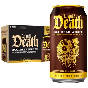 Liquid Death Rootbeer Wrath Soda-Flavored Sparkling Water, 6-Pack (12fl oz Cans), Low Sugar, Huge Flavor, No Artificial Sweeteners Liquid Death Rootbeer Wrath Soda-Flavored Sparkling Water, 6-Pack (12fl oz Cans), Low Sugar, Huge Flavor, No Artificial Sweeteners