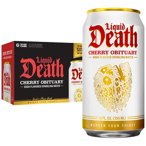 Liquid Death, Cherry Obituary, Soda-Flavored Sparkling Water, 6-Pack (12 fl oz Cans), Low Sugar, Huge Flavor, No Artificial Sweeteners Liquid Death, Cherry Obituary, Soda-Flavored Sparkling Water, 6-Pack (12 fl oz Cans), Low Sugar, Huge Flavor, No Artificial Sweeteners