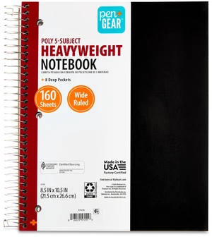 Pen+Gear 5-Subject Wide Ruled Poly Notebook, 8.5 x 10.5 Inches, 160 Sheets, Black Pen+Gear 5-Subject Wide Ruled Poly Notebook, 8.5 x 10.5 Inches, 160 Sheets, Black