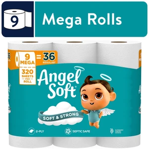 Angel Soft 2-Ply Toilet Paper, 9 Mega Rolls, 320 Sheets per Roll Angel Soft 2-Ply Toilet Paper, 9 Mega Rolls, 320 Sheets per Roll