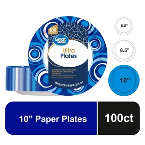 Ultra 10 in Disposable Paper Plates, 100 Count, Great Value Ultra 10 in Disposable Paper Plates, 100 Count, Great Value