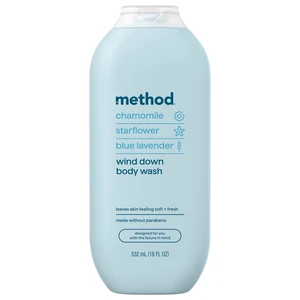 Method Body Wash Wind Down, 18 fl oz, Made Without Parabens, Notes of Chamomile, Starflower & Blue Lavender, Leaves Skin Soft and Moisturized Method Body Wash Wind Down, 18 fl oz, Made Without Parabens, Notes of Chamomile, Starflower & Blue Lavender, Leaves Skin Soft and Moisturized