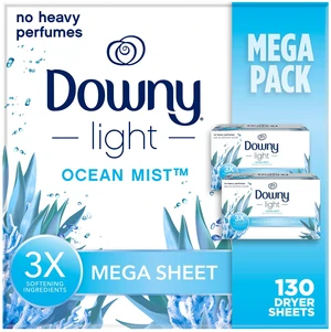 Downy Light Mega Dryer Sheets Fabric Softener Ocean Mist 130 Count Downy Light Mega Dryer Sheets Fabric Softener Ocean Mist 130 Count