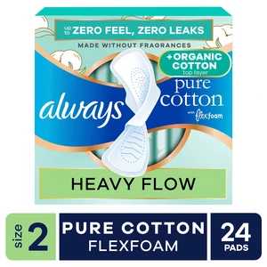 Always Pure Cotton Pads with Organic Top Layer, Size 2 Pads with Wings, Heavy Absorbency, 24 Count Always Pure Cotton Pads with Organic Top Layer, Size 2 Pads with Wings, Heavy Absorbency, 24 Count