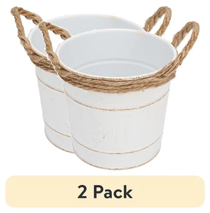 2 Pack Hampton Art Rope Metal Bucket with Handles, 4.75in, White 2 Pack Hampton Art Rope Metal Bucket with Handles, 4.75in, White