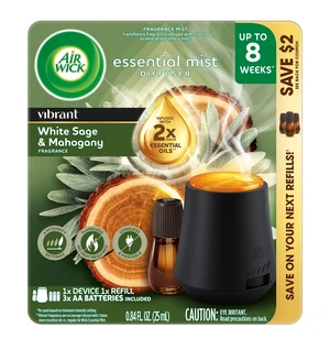 Air Wick Essential Mist Vibrant Scented Oil Cordless Diffuser Starter Kit, White Sage & Mahogany, 2 Piece Air Wick Essential Mist Vibrant Scented Oil Cordless Diffuser Starter Kit, White Sage & Mahogany, 2 Piece