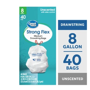 Great Value Strong Flex Medium Drawstring Garbage Bags 8gal 40Count Great Value Strong Flex Medium Drawstring Garbage Bags 8gal 40Count