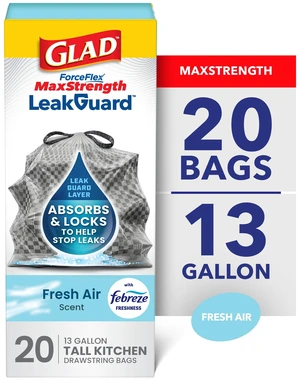 Glad ForceFlex MaxStrength LeakGuard 13-Gallon Tall Kitchen Trash Bags, Febreze Fresh Air Scent, 20 Bags Glad ForceFlex MaxStrength LeakGuard 13-Gallon Tall Kitchen Trash Bags, Febreze Fresh Air Scent, 20 Bags