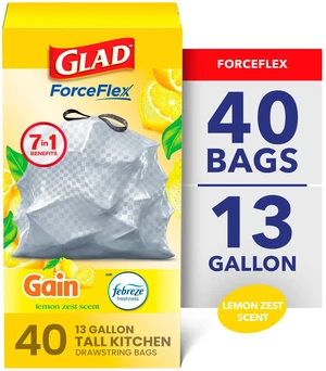 Glad ForceFlex 13-Gallon Drawstring Tall Kitchen Trash Bags, Gain Lemon Zest Scent, 40 Bags Glad ForceFlex 13-Gallon Drawstring Tall Kitchen Trash Bags, Gain Lemon Zest Scent, 40 Bags