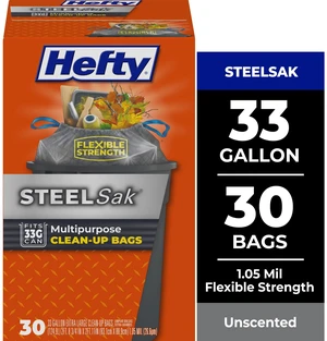 Hefty Steelsak Heavy Duty Large Trash Bags, 33 Gallon, 30 Count, Gray, Unscented Hefty Steelsak Heavy Duty Large Trash Bags, 33 Gallon, 30 Count, Gray, Unscented