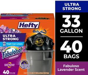 Hefty Ultra Strong 33 Gallon Trash Bags, Black, Fabuloso Scent, 40 Count, Made with 20% Post-Consumer Recycled Materials Hefty Ultra Strong 33 Gallon Trash Bags, Black, Fabuloso Scent, 40 Count, Made with 20% Post-Consumer Recycled Materials