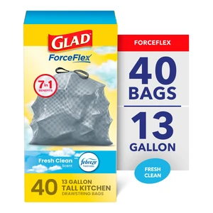 Glad ForceFlex 13-Gallon Drawstring Tall Kitchen Trash Bags, Febreze Fresh Clean Scent, 40 Bags Glad ForceFlex 13-Gallon Drawstring Tall Kitchen Trash Bags, Febreze Fresh Clean Scent, 40 Bags