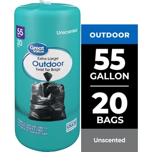 Great Value 55-Gallon Extra Large Outdoor Twist Tie Trash Bags, Unscented, 20 Bags Great Value 55-Gallon Extra Large Outdoor Twist Tie Trash Bags, Unscented, 20 Bags